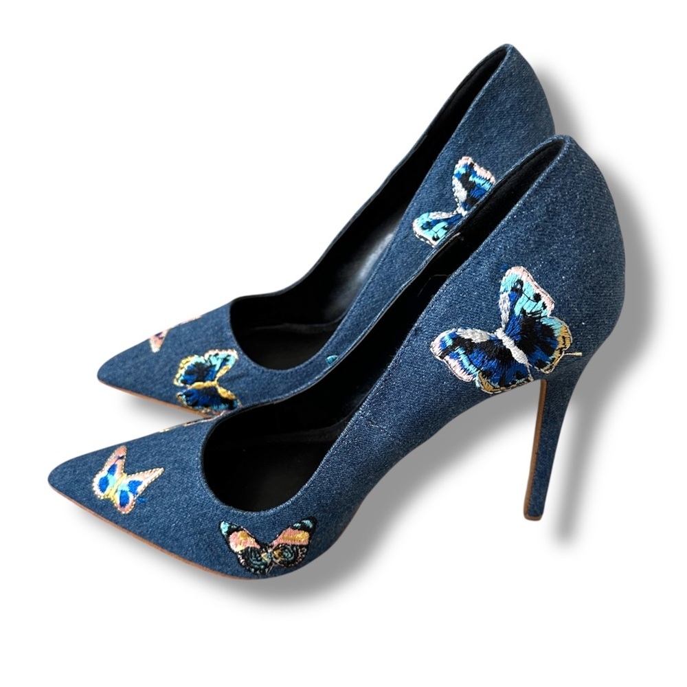 NWOT Shoe Republic Butterfly Blue Denim Stiletto Heels Women’s Size 10 Shoes Y2K